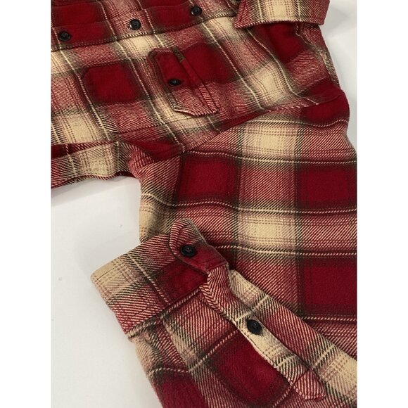 Orvis Big Bear Heavyweight Flannel Shirt Men’s L Red Check Plaid Shacket Pockets - Picture 10 of 16
